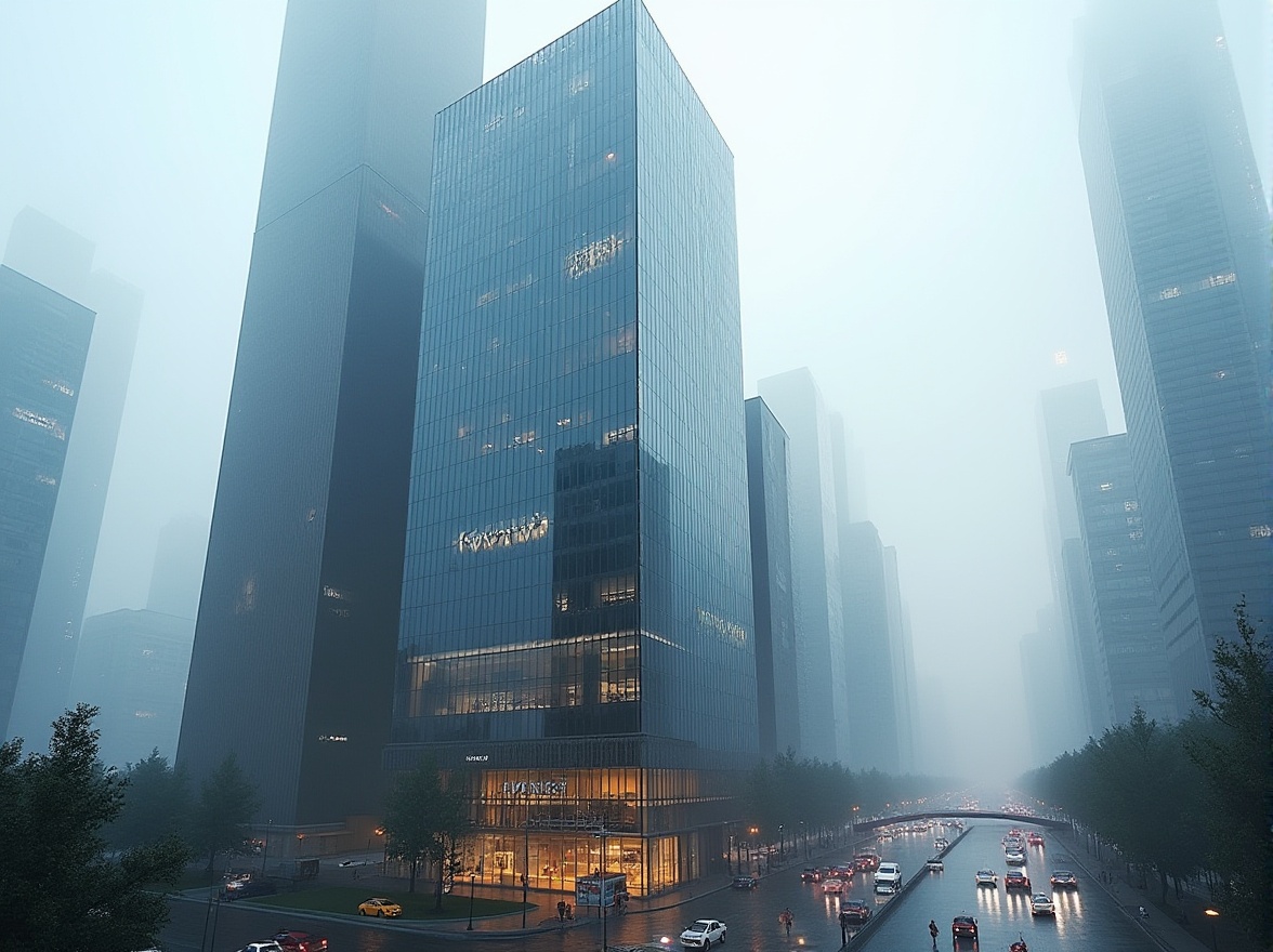 Prompt: Glass skyscraper, sleek metal frames, minimalist exterior, monochromatic color scheme, reflective surfaces, angular lines, modern architectural style, urban cityscape, busy streets, towering high-rise buildings, subtle LED lighting, foggy morning atmosphere, shallow depth of field, 1/1 composition, realistic textures, ambient occlusion.