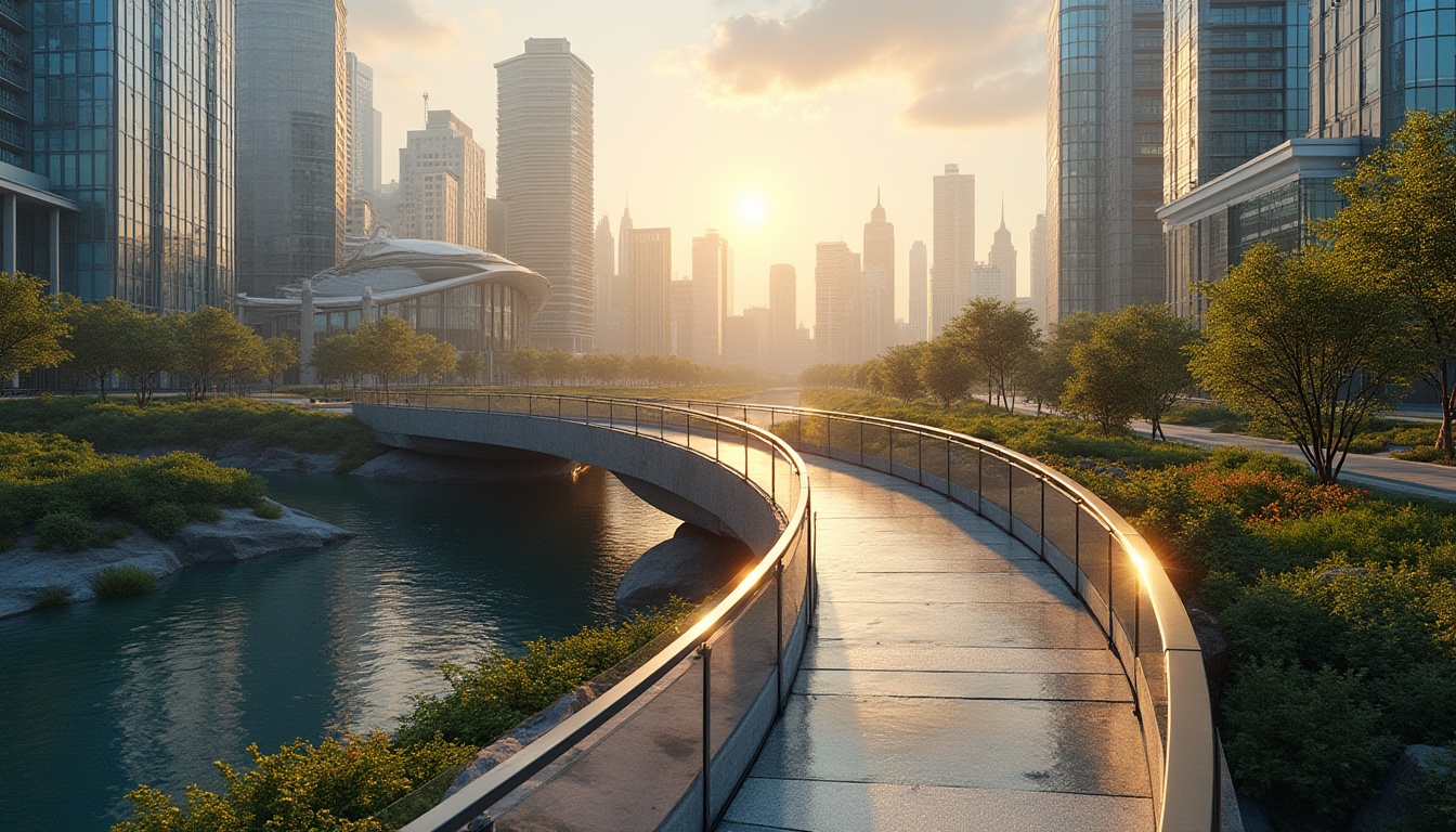 Prompt: Curved pedestrian bridge, modern urban landscape, vibrant greenery, natural stone pillars, stainless steel railings, LED lighting, futuristic architecture, gentle water features, walking paths, public art installations, dynamic cityscape, warm sunset ambiance, shallow depth of field, 2/3 composition, panoramic view, realistic textures, ambient occlusion.