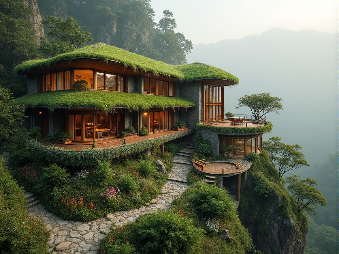 Prompt: Harmonious hillside villa, lush green roofs, natural stone walls, earthy tone facades, curved lines, organic architecture, blending with surroundings, native plant species, wildflowers, meandering pathways, wooden decks, cantilevered structures, rustic metal accents, soft warm lighting, misty morning atmosphere, shallow depth of field, 2/3 composition, serene natural ambiance.