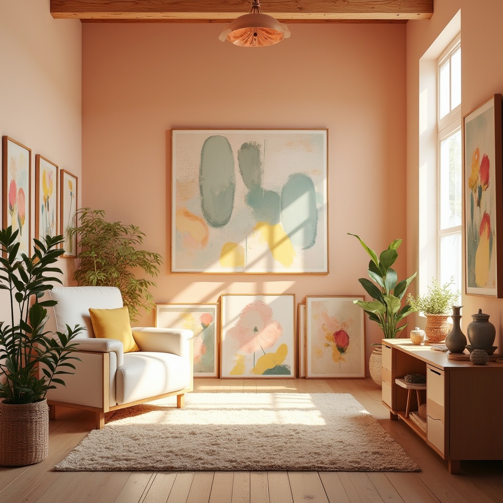 Prompt: Vibrant art studio, natural light pouring in, pastel color scheme, soft peach walls, creamy white furniture, rich wood accents, bold brushstroke artworks, eclectic decorative pieces, plush area rugs, abstract expressionist paintings, warm golden lighting, shallow depth of field, 1/2 composition, realistic textures, ambient occlusion.