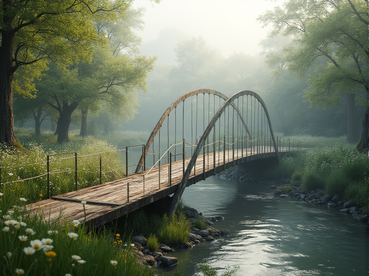 Prompt: Eco-friendly bridge, curved steel arches, weathered wood decking, lush greenery, wildflowers, gentle water flow, serene riverbank, misty morning, soft natural lighting, shallow depth of field, 3/4 composition, panoramic view, realistic textures, ambient occlusion, cantilevered sections, suspension cables, pedestrian walkways, cycling paths, bird's-eye views, minimalist railings, recycled metal materials, low-carbon concrete, solar-powered lighting systems, rainwater harvesting, habitat restoration.