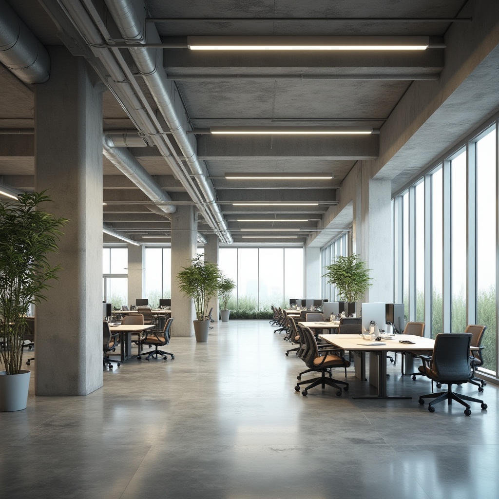 Prompt: Open-plan office space, minimalist decor, sleek lines, polished concrete floors, floor-to-ceiling windows, natural light, airy atmosphere, fluid circulation paths, collaborative workstations, modular furniture, acoustic panels, subtle color scheme, dynamic lighting system, 3/4 composition, shallow depth of field, realistic textures, ambient occlusion.