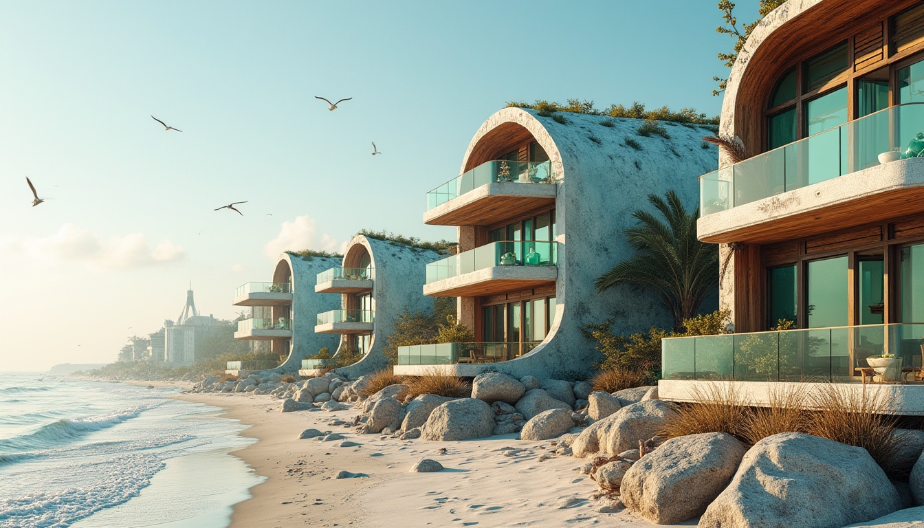 Prompt: Oceanfront coastal buildings, wavy lines, ocean-inspired facades, coral-patterned walls, sea-green glass surfaces, wooden accents, driftwood decorations, beachy vibe, salty air, seagulls flying overhead, sunny day, soft warm lighting, shallow depth of field, 3/4 composition, panoramic view, realistic textures, ambient occlusion, modern minimalist design, sustainable materials, energy-efficient systems, green roofs, eco-friendly architecture, nautical-themed decorations, rustic wooden decks, ocean-view balconies.