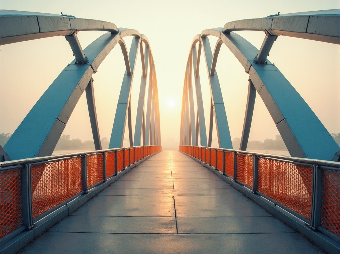 Prompt: Modern bridge, sleek steel arches, bold blue accents, warm beige concrete, silver-gray railings, vibrant orange safety nets, atmospheric misty morning, soft golden lighting, shallow depth of field, 1/2 composition, panoramic view, realistic metallic textures, ambient occlusion.