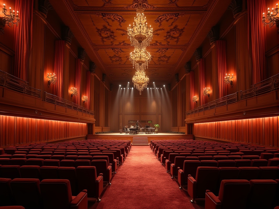 Prompt: Intimate concert hall, rich wood paneling, velvet curtains, plush seating, ornate chandeliers, high ceilings, acoustic diffusers, sound-absorbing materials, precision-crafted instruments, grand pianos, warm stage lighting, dramatic spotlights, subtle room reflections, resonant frequencies, optimized reverberation times, 3-point audio recording setup, detailed sound wave analysis, harmonious color palette, sophisticated interior design, luxurious ambiance, soft carpeting, refined decorative elements.