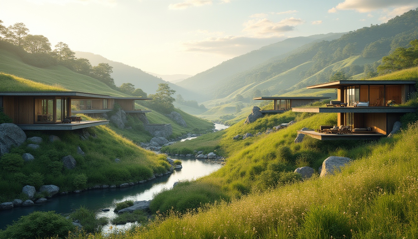 Prompt: Seamless landscape integration, harmonious building placement, rolling hills, lush greenery, meandering water features, natural stone walls, weathered wood accents, modern minimalist architecture, cantilevered structures, floor-to-ceiling windows, sliding glass doors, native plant species, wildflower fields, warm sunny day, soft diffused lighting, 1/2 composition, atmospheric perspective, realistic vegetation textures, subtle mist effects.