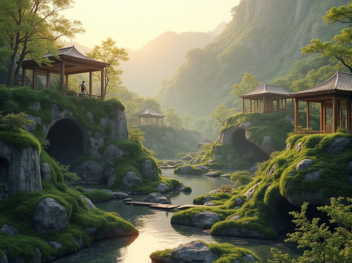 Prompt: Seamless landscape integration, organic curves, natural stone walls, lush green roofs, native plant species, meandering pathways, wooden bridges, serene water features, misty morning atmosphere, warm golden lighting, shallow depth of field, 2/3 composition, panoramic view, realistic textures, ambient occlusion.