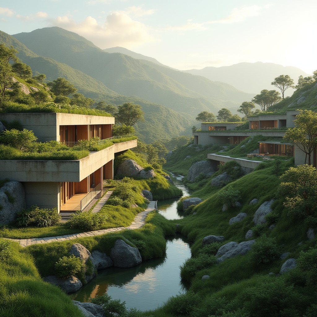 Prompt: Harmonious building integration, rolling hills, lush greenery, native flora, winding paths, natural stone walls, wooden accents, large windows, sliding glass doors, minimalist architecture, cantilevered roofs, green roofs, living walls, vertical gardens, seamless transitions, blurred boundaries, soft warm lighting, shallow depth of field, 3/4 composition, panoramic view, realistic textures, ambient occlusion.