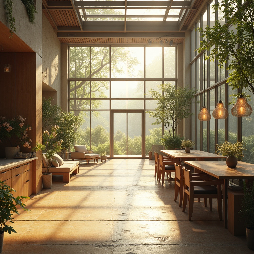 Prompt: Vibrant morning light, soft warm glow, large windows, glass ceilings, clerestory windows, natural ventilation, open floor plans, minimalist decor, reflective surfaces, bright airy atmosphere, soft shadows, gentle highlights, subtle color palette, earthy tones, organic textures, wooden accents, stone walls, lush greenery, blooming flowers, serene ambiance, peaceful environment, 1/1 composition, high dynamic range, realistic lighting effects.