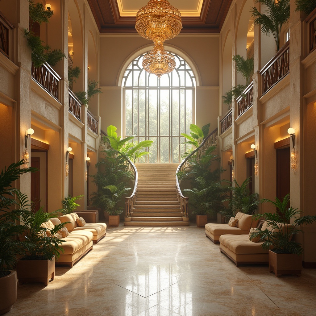 Prompt: Luxurious hotel lobby, grand staircase, high ceilings, floor-to-ceiling windows, natural stone flooring, warm beige walls, elegant chandeliers, comfortable sofas, vibrant greenery, tropical plants, soft diffused light, warm ambient glow, 1/1 composition, shallow depth of field, realistic textures, ambient occlusion.