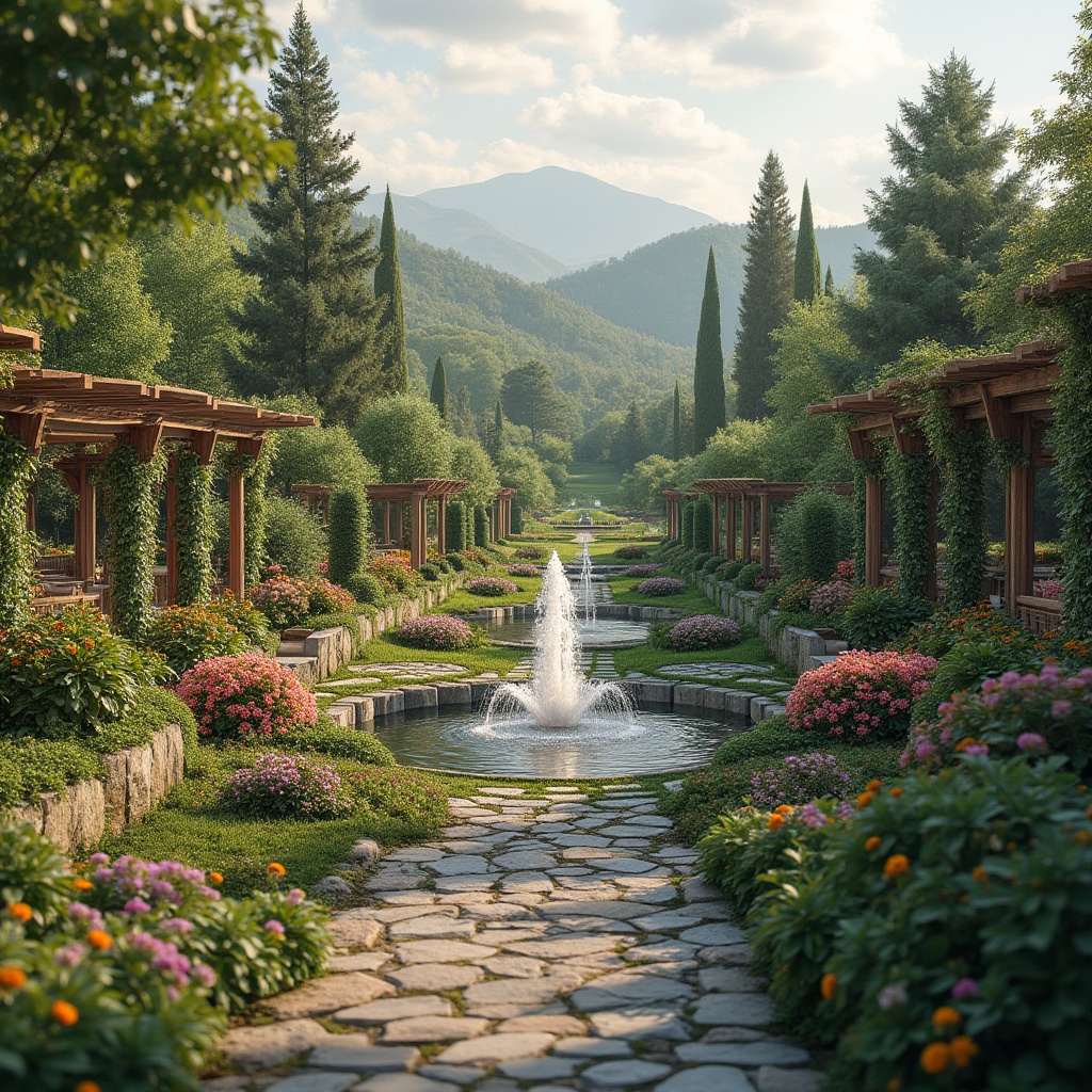 Prompt: Luxuriant gardens, rolling hills, serpentine pathways, ornamental fountains, majestic trees, vibrant floral arrangements, natural stone retaining walls, wooden pergolas, outdoor seating areas, rustic lanterns, soft warm lighting, shallow depth of field, 3/4 composition, panoramic view, realistic textures, ambient occlusion.