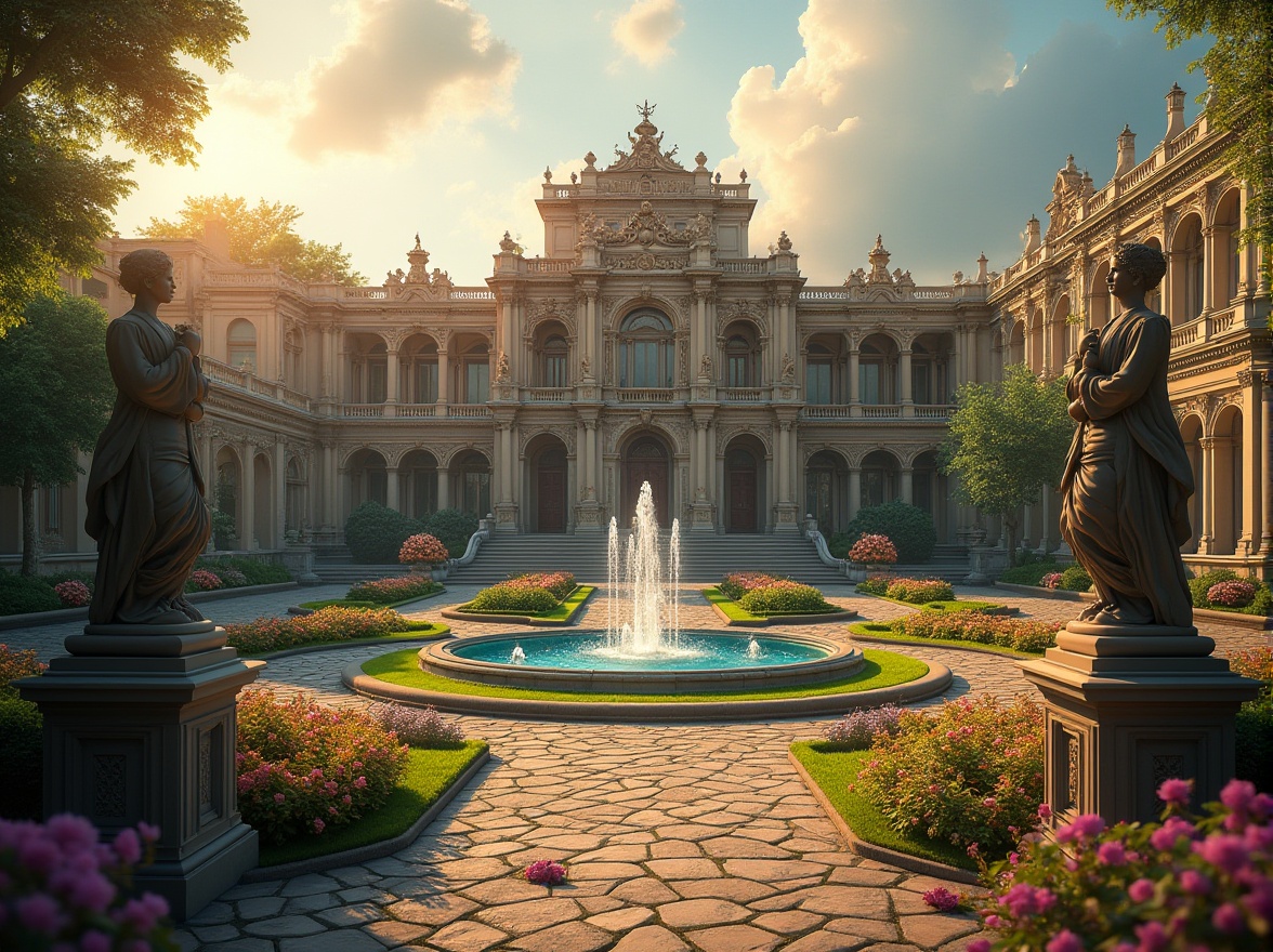 Prompt: Ornate Baroque-style mansion, grandiose facade, intricate stone carvings, lavish fountains, manicured gardens, blooming flowers, winding paths, ornamental statues, majestic entrance gates, symmetrical architecture, dramatic lighting, warm golden tones, shallow depth of field, 1/2 composition, cinematic view, realistic textures, ambient occlusion, serene atmosphere, natural stone walls, lush greenery, vibrant flowerbeds.