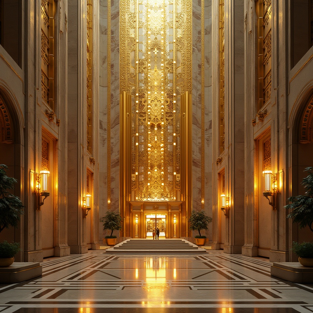 Prompt: Luxurious golden skyscraper, Art Deco-inspired facades, ornate details, grandiose entranceways, polished brass accents, lavish marble cladding, intricate stone carvings, symmetrical compositions, warm golden lighting, shallow depth of field, 1/2 composition, cinematic atmosphere, realistic reflections, ambient occlusion.