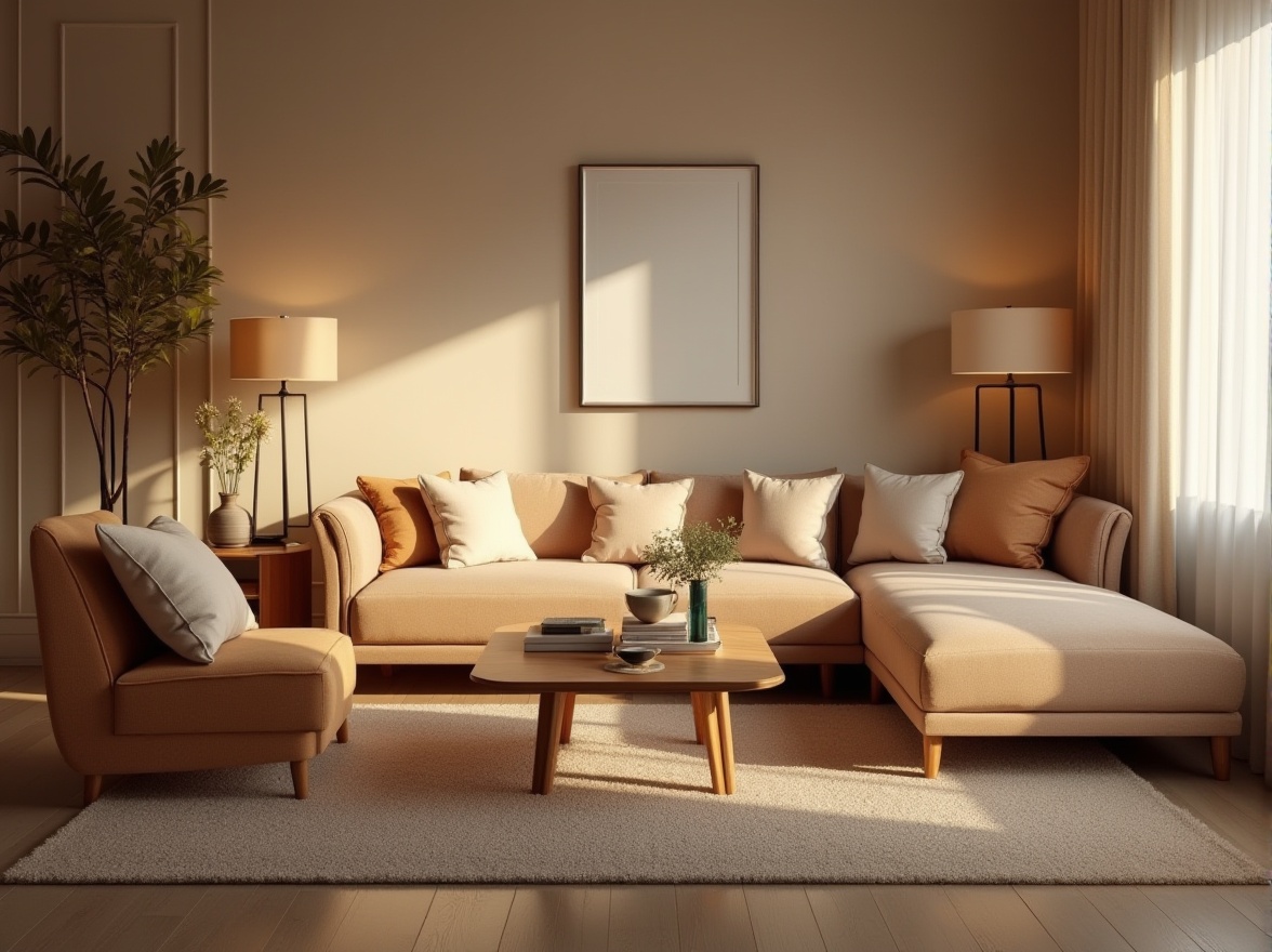 Prompt: Cozy living room, plush sofas, velvet armchairs, wooden coffee tables, elegant lamps, soft cushions, warm beige walls, modern minimalist decor, natural light pouring in, sheer curtains, ambient warm lighting, 1/1 composition, intimate atmosphere, realistic textures, subtle shadows.