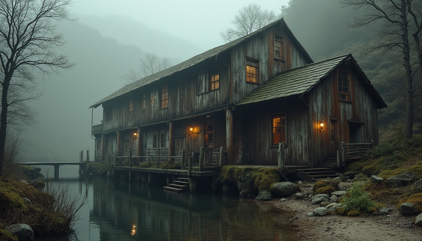 Prompt: Rugged boathouse, brutalist architecture, weathered wood textures, rusty metal accents, rough-hewn stone walls, moss-covered roofs, overgrown vegetation, murky waterfront, misty atmosphere, soft warm lighting, dramatic shadows, low-angle composition, cinematic mood, earthy color palette, natural materials, organic forms, irregular shapes, distressed finishes, industrial aesthetics.