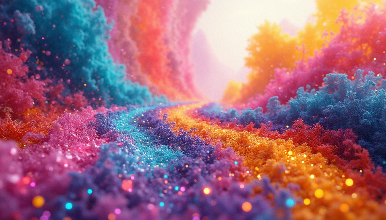 Prompt: Vibrant abstract artwork, bold brushstrokes, expressive colors, dynamic shapes, contrasting hues, harmonious palette, bright accents, pastel backgrounds, metallic textures, iridescent finishes, gradient effects, 3D visualizations, futuristic aesthetic, neon lights, luminescent details, atmospheric perspective, shallow depth of field, panoramic view, realistic renderings.