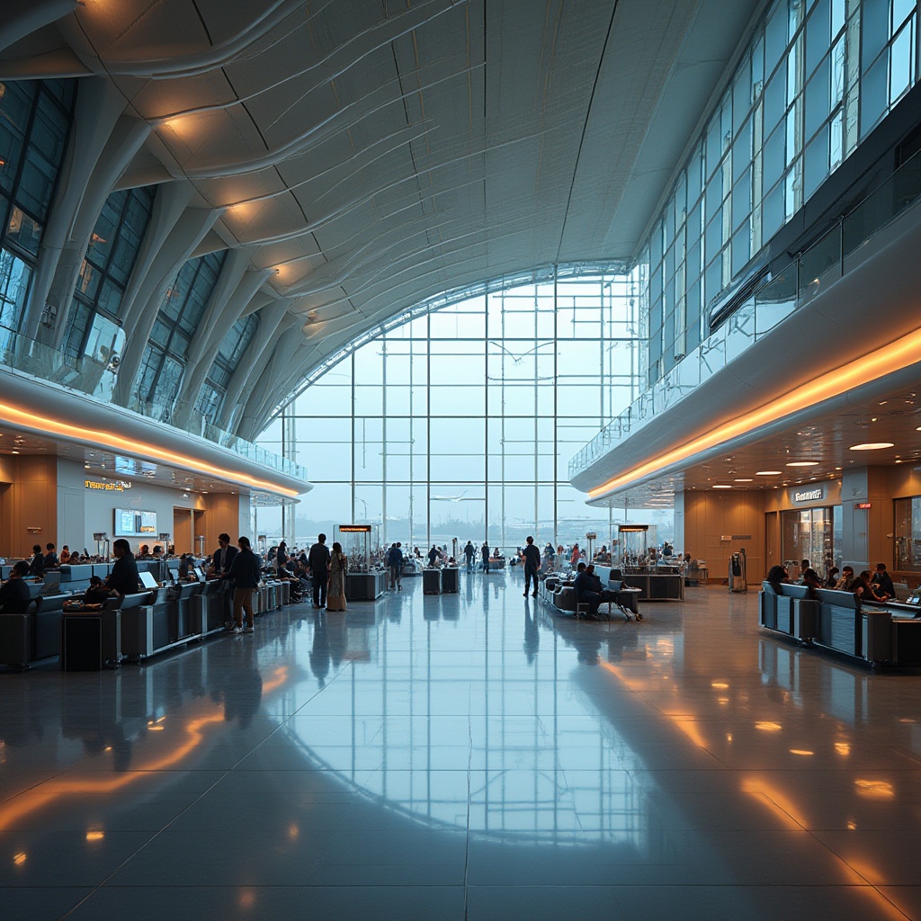 Prompt: Sleek airport terminal, modernist architecture, curved glass facade, stainless steel frames, LED lighting strips, dynamic geometric patterns, minimalist interior design, comfortable waiting lounges, automated baggage systems, futuristic security checkpoints, high-tech information displays, natural stone flooring, ambient warm lighting, shallow depth of field, 1/1 composition, wide-angle lens, realistic reflections, subtle ambient occlusion.