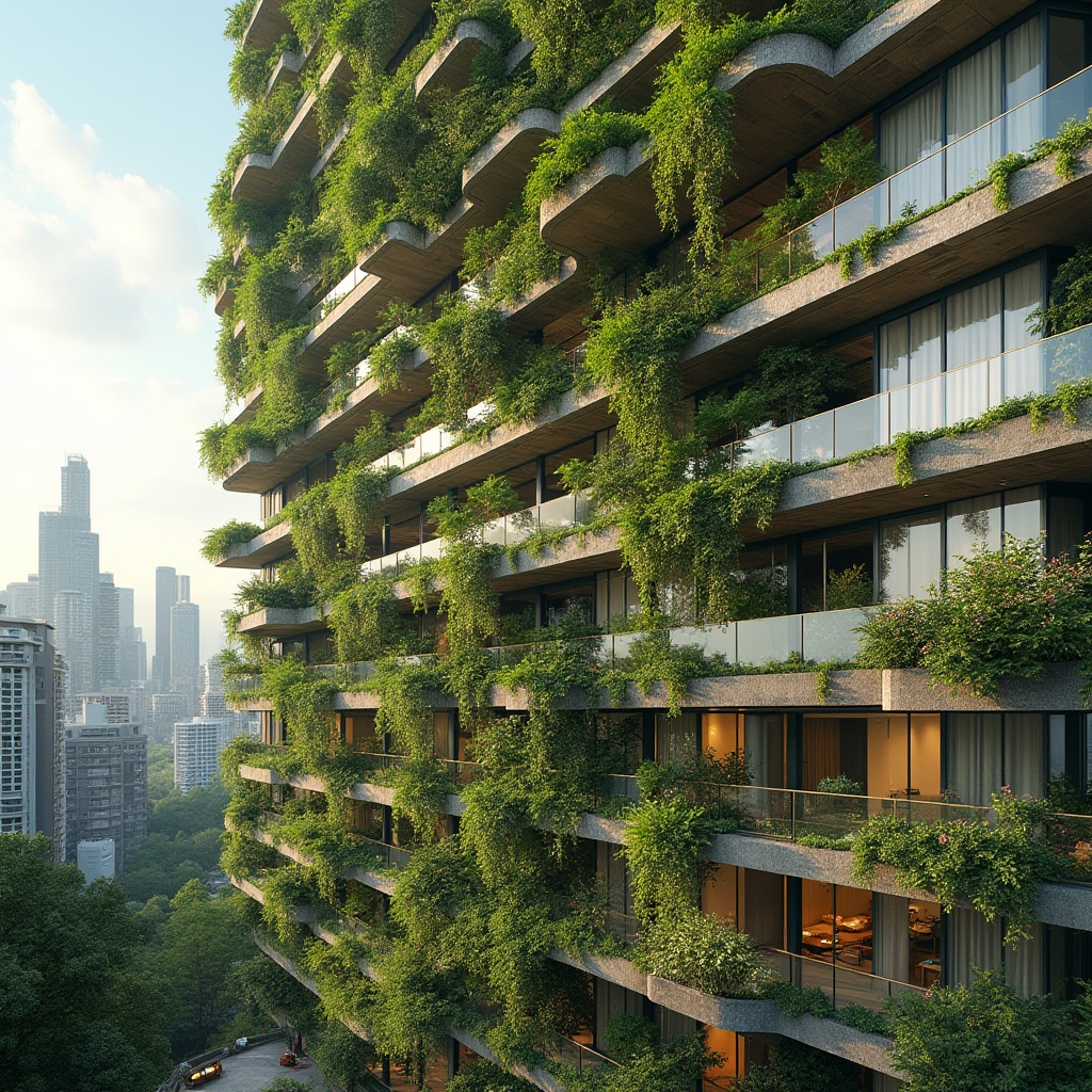 Prompt: Urban skyscraper, lush green walls, thriving plants, trellised flowers, modern architecture, steel beams, glass balconies, natural stone facades, vibrant cityscape, sunny day, soft warm lighting, shallow depth of field, 3/4 composition, panoramic view, realistic textures, ambient occlusion, living walls, hydroponic systems, sustainable urban planning, eco-friendly materials, innovative irrigation technologies, shaded outdoor spaces, misting systems.