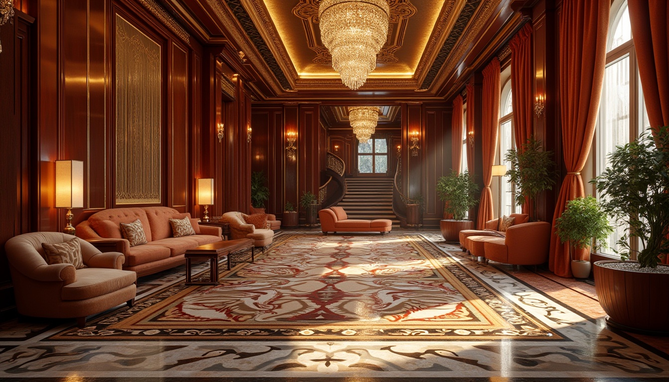 Prompt: Opulent Art Deco mansion, lavish furnishings, rich velvet drapes, ornate metalwork, geometric patterned rugs, luxurious marble floors, crystal chandeliers, intricate wooden paneling, high-gloss lacquer finishes, metallic accents, bold color schemes, statement wallpaper, sumptuous upholstery, curved lines, ornamental mirrors, lavish decorative trim, dramatic staircases, grandiose ceiling details, warm golden lighting, shallow depth of field, 1/2 composition, realistic textures.