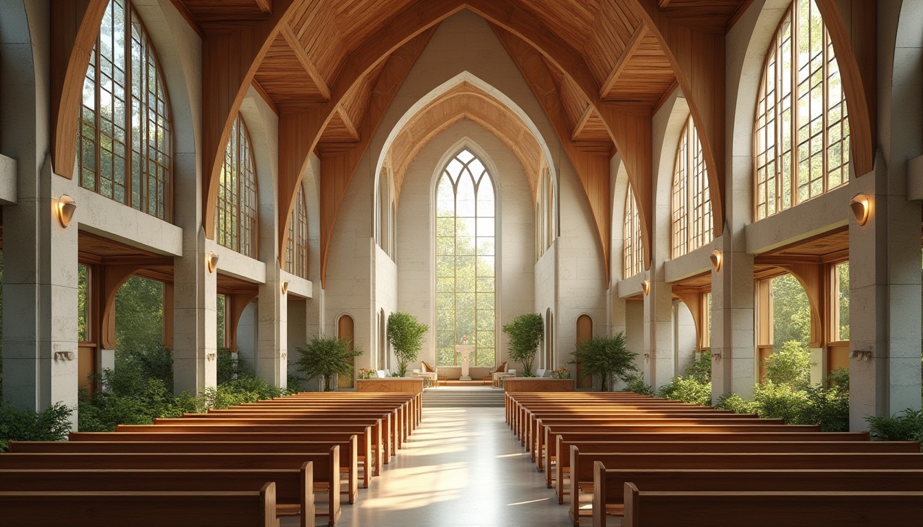 Prompt: Elegant church architecture, rustic wooden accents, reclaimed wood pews, natural stone walls, stained glass windows, eco-friendly roofing materials, solar panels, green roofs, rainwater harvesting systems, living walls, minimalist design, airy open spaces, soft warm lighting, shallow depth of field, 1/1 composition, panoramic view, realistic textures, ambient occlusion.