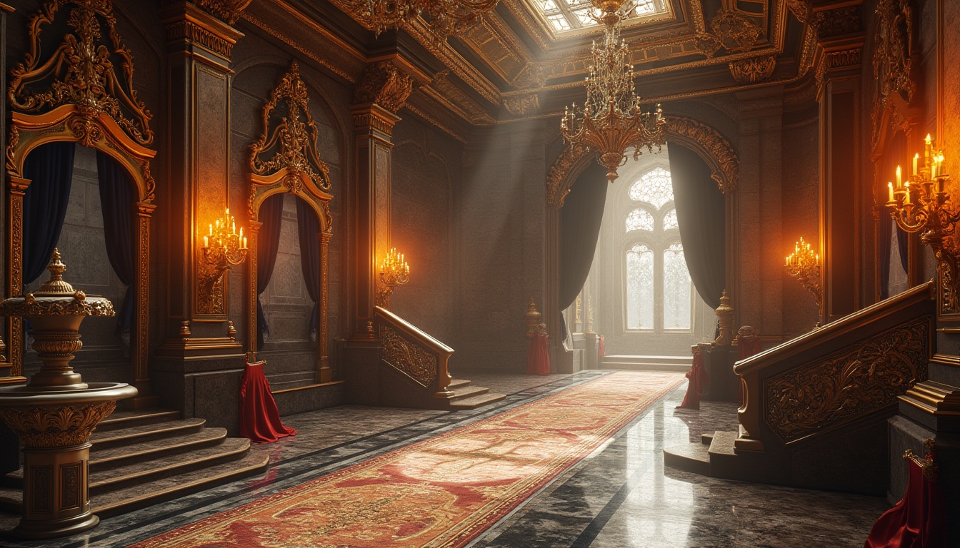 Prompt: Ornate Baroque palace, intricately carved stone walls, gilded decorations, ornamental fountains, grand staircases, lavish chandeliers, richly textured marble floors, velvet drapes, golden accents, dramatic lighting, warm candle glow, mysterious shadows, 1/1 composition, symmetrical framing, detailed ornaments, realistic reflections, ambient occlusion.