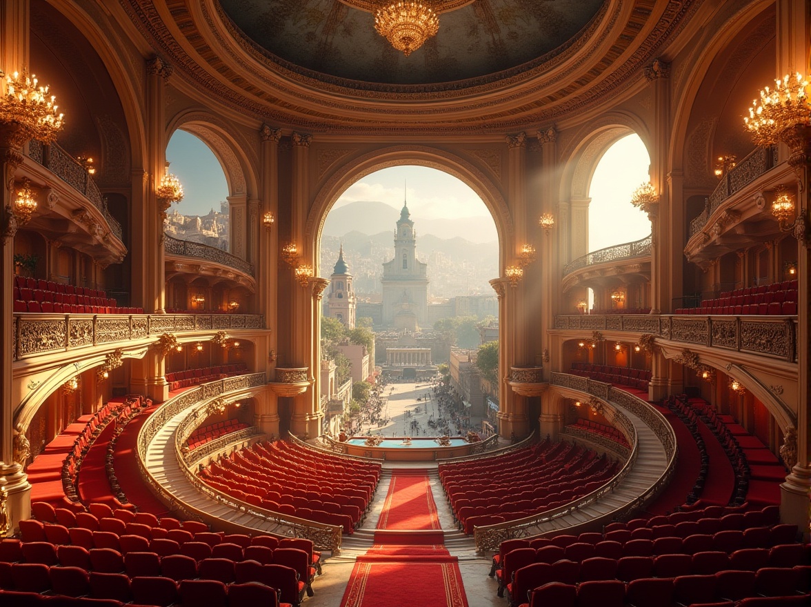 Prompt: Grand opera house, sweeping arches, majestic domes, elegant columns, opulent chandeliers, lavish red carpets, ornate balconies, regal staircases, panoramic city views, bustling urban landscape, vibrant street life, natural light flooding, subtle warm lighting, shallow depth of field, 1/1 composition, symmetrical framing, realistic textures, ambient occlusion, harmonious blend of architecture and nature.