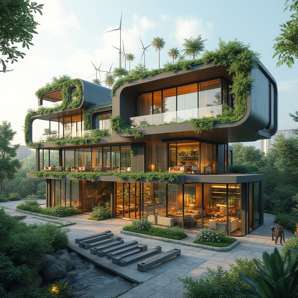 Prompt: Eco-friendly buildings, recycled materials, low-carbon footprint, green roofs, living walls, solar panels, wind turbines, rainwater harvesting systems, natural ventilation, large windows, transparent glass facades, minimal waste construction, repurposed industrial spaces, urban renewal projects, futuristic architecture, sleek metal frames, angular lines, modern minimalist design, vibrant colorful accents, intricate geometric patterns, soft warm lighting, shallow depth of field, 3/4 composition, panoramic view, realistic textures, ambient occlusion.