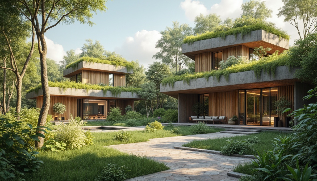 Prompt: Eco-friendly buildings, recycled metal frames, low-carbon concrete, reclaimed wood facades, green roofs, living walls, solar panels, wind turbines, rainwater harvesting systems, natural ventilation, passive solar design, bamboo flooring, FSC-certified wood, energy-efficient windows, minimalist interior decor, organic textures, earthy color palette, serene atmosphere, soft natural lighting, shallow depth of field, 1/1 composition, realistic rendering.