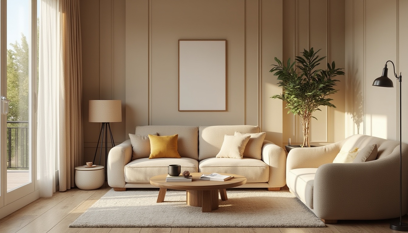 Prompt: Cozy living room, plush sofas, warm beige tones, natural wood accents, soft cushions, minimalist coffee table, elegant floor lamps, rich velvet drapes, cream-colored walls, rustic wooden flooring, comfortable reading nook, calming greenery, airy open layout, abundant natural light, subtle texture overlays, gentle ambient lighting, 1/1 composition, intimate atmosphere, inviting color palette.