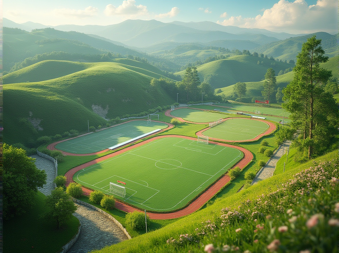 Prompt: Rolling hills, lush green grass, athletic tracks, soccer fields, basketball courts, tennis courts, goalposts, bleachers, scoreboard displays, natural stone retaining walls, meandering walkways, mature trees, vibrant flower beds, sunny day, soft warm lighting, shallow depth of field, 3/4 composition, panoramic view, realistic textures, ambient occlusion.