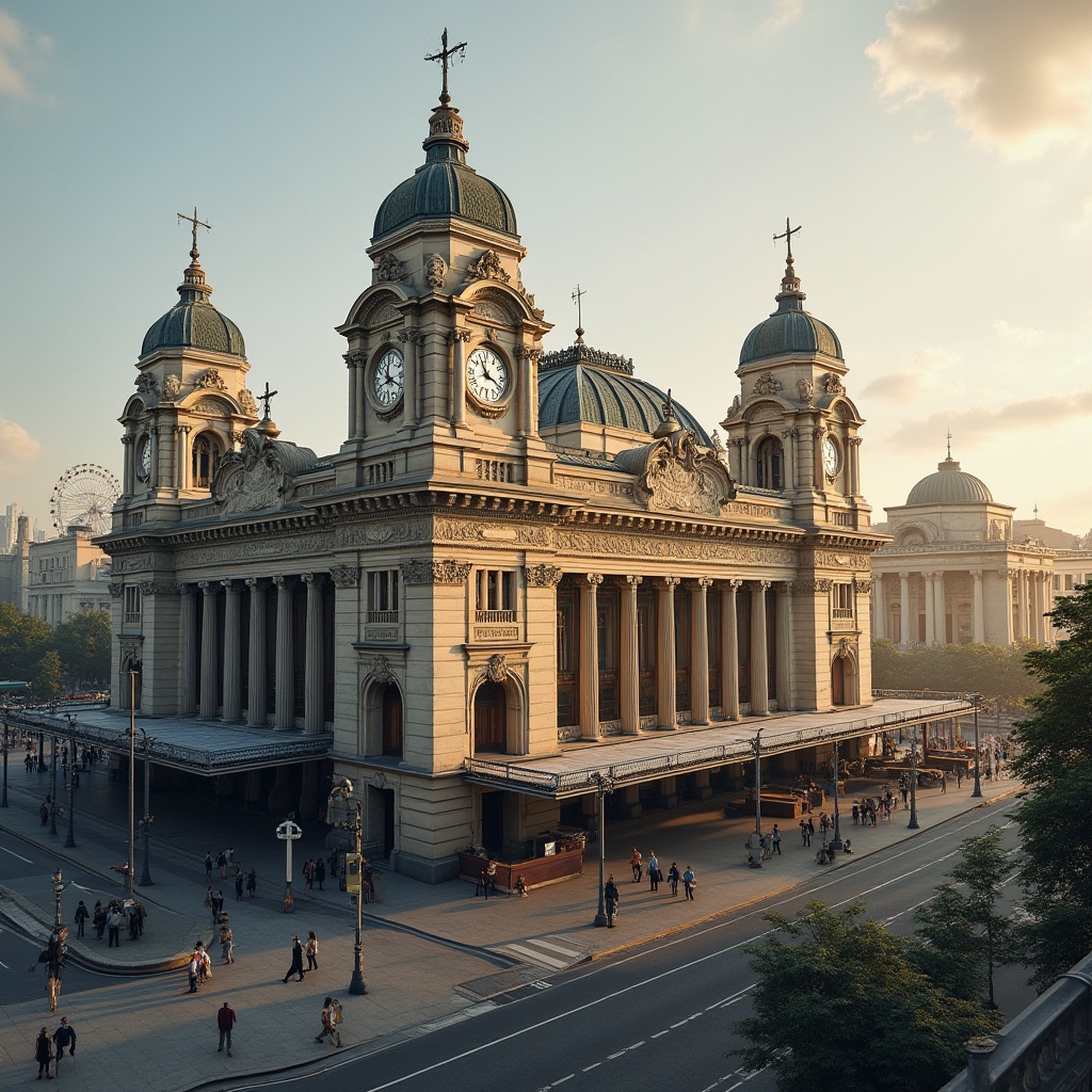 Prompt: Grandiose train station, neoclassical facade, ornate columns, intricate stone carvings, symmetrical architecture, grand archways, elegant domes, vintage clock towers, refined metal detailing, luxurious glass canopies, sophisticated signage, bustling city atmosphere, morning rush hour, soft golden lighting, shallow depth of field, 1/2 composition, realistic textures, ambient occlusion.