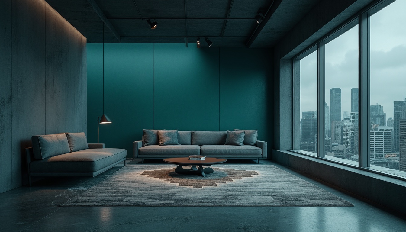 Prompt: Dark cyan walls, sleek metallic accents, polished concrete floors, minimalist furniture, modern low-profile sofas, geometric patterned rugs, floor-to-ceiling windows, cityscape views, moody atmospheric lighting, dramatic shadows, 1/2 composition, cinematic color grading, high-contrast imagery, abstract textures, subtle ambient occlusion.