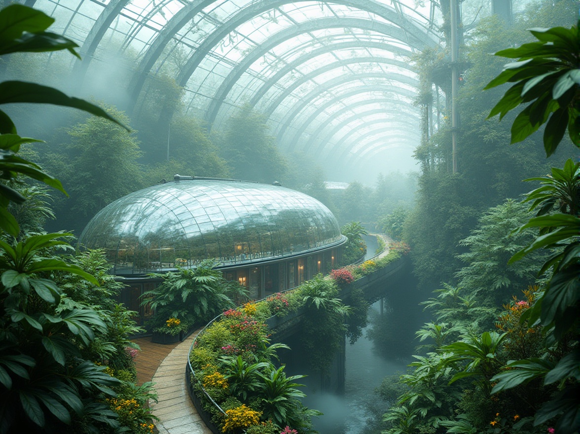 Prompt: Futuristic greenhouse, lush tropical plants, iridescent glass domes, misty atmosphere, soft diffused lighting, hydroponic systems, aerodynamic curves, sustainable energy harvesting, solar panels, wind turbines, water conservation systems, green roofs, eco-friendly materials, innovative climate control technologies, seamless interior-exterior transitions, panoramic views, vibrant colorful accents, organic-inspired patterns, 3/4 composition, shallow depth of field, realistic textures, ambient occlusion.