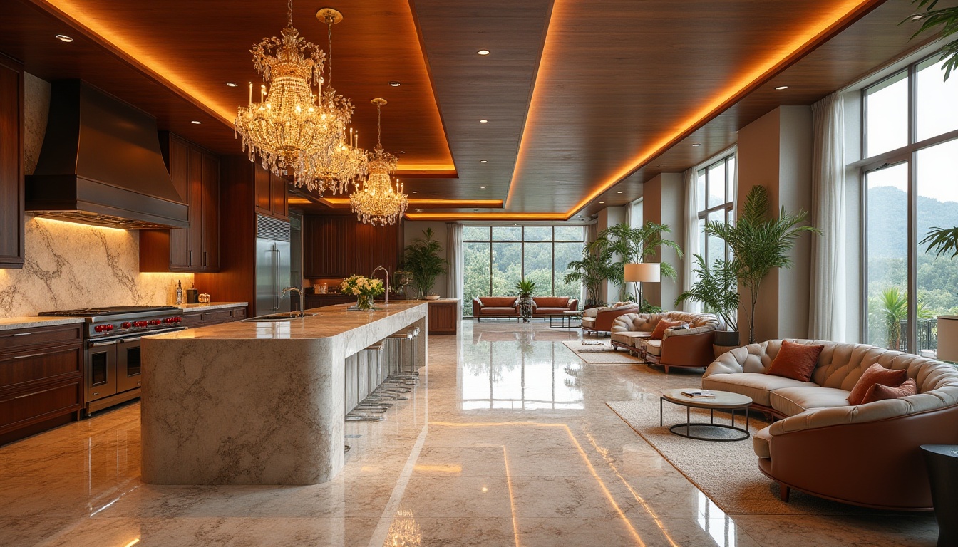 Prompt: Luxurious interior design, polished granite flooring, elegant countertops, sophisticated kitchen islands, premium furniture, lavish decor, opulent chandeliers, rich wood accents, vibrant earthy tones, natural stone textures, subtle shine, 1/2 composition, shallow depth of field, warm soft lighting, realistic reflections.