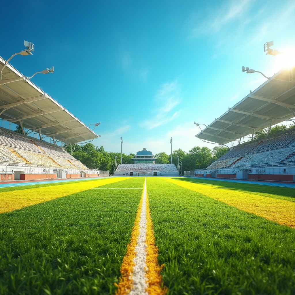 Prompt: Vibrant sports field, lush green grass, bright white lines, bold yellow accents, deep blue skies, warm sunny day, natural stone tracks, rubberized surfaces, modern athletic facilities, sleek metal bleachers, dynamic lighting systems, shallow depth of field, 3/4 composition, panoramic view, realistic textures, ambient occlusion.