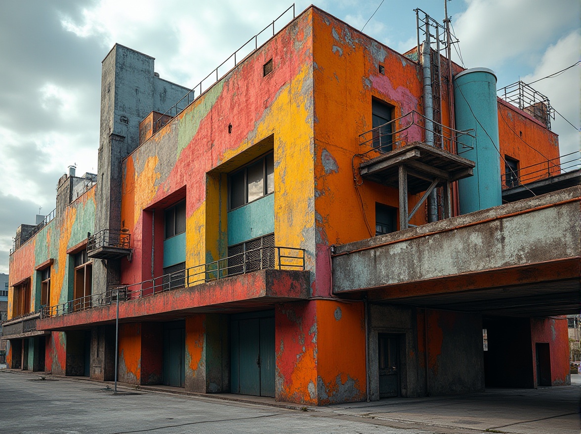 Prompt: Vibrant constructivist building, bold geometric shapes, primary color blocks, abstract patterns, diagonal lines, asymmetrical compositions, industrial materials, exposed pipes, metal beams, concrete textures, urban cityscape, cloudy sky, dramatic lighting, deep shadows, high contrast ratio, 1/1 composition, low-angle shot, atmospheric perspective, detailed renderings, realistic reflections.