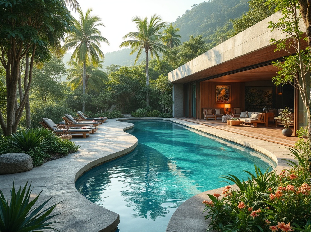 Prompt: Curved infinity pool, lush greenery, vibrant flowers, natural stone walkways, wooden decks, outdoor seating areas, modern minimalist architecture, floor-to-ceiling glass windows, sliding glass doors, panoramic views, shallow depth of field, 3/4 composition, warm sunny day, soft diffused lighting, ambient occlusion, realistic textures, integrated water features, organic shapes, seamless indoor-outdoor transition, harmonious color palette.