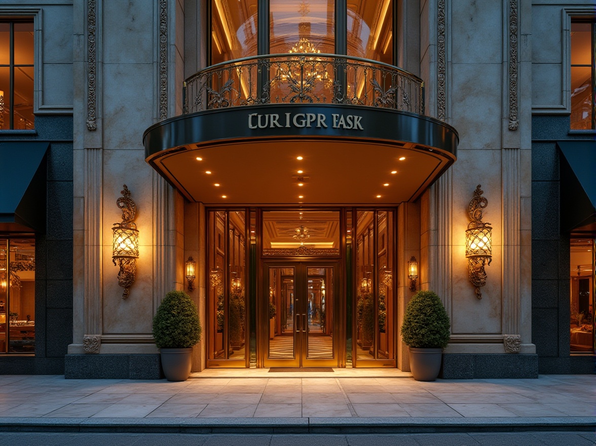 Prompt: Elegant building facade, grand entrance, ornate details, luxurious materials, marble walls, glass canopies, bronze accents, modern architecture, sleek lines, minimalist design, urban cityscape, bustling streets, vibrant nightlife, dramatic uplighting, warm golden lighting, high-contrast textures, cinematic composition, 1/1 aspect ratio, realistic reflections.