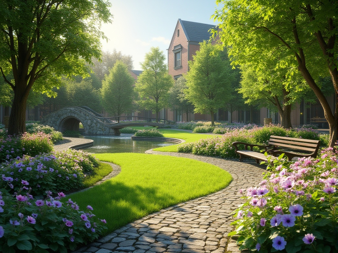 Prompt: Lush green lawns, curved pathways, blooming flowers, natural stone walls, wooden benches, meandering streams, rustic bridges, vibrant flowerbeds, ornamental trees, colorful gardens, serene water features, soft outdoor lighting, warm sunny days, 3/4 composition, shallow depth of field, panoramic views, realistic textures, ambient occlusion.