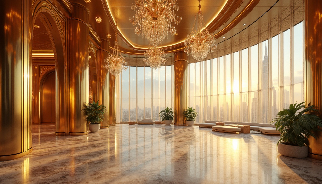 Prompt: Luxurious golden skyscraper, sleek modern architecture, gleaming metallic surfaces, ornate decorative patterns, grand entranceways, spacious lobbies, opulent chandeliers, marble floors, lavish furnishings, panoramic city views, warm sunny day, soft natural lighting, shallow depth of field, 1/1 composition, realistic reflections, ambient occlusion.