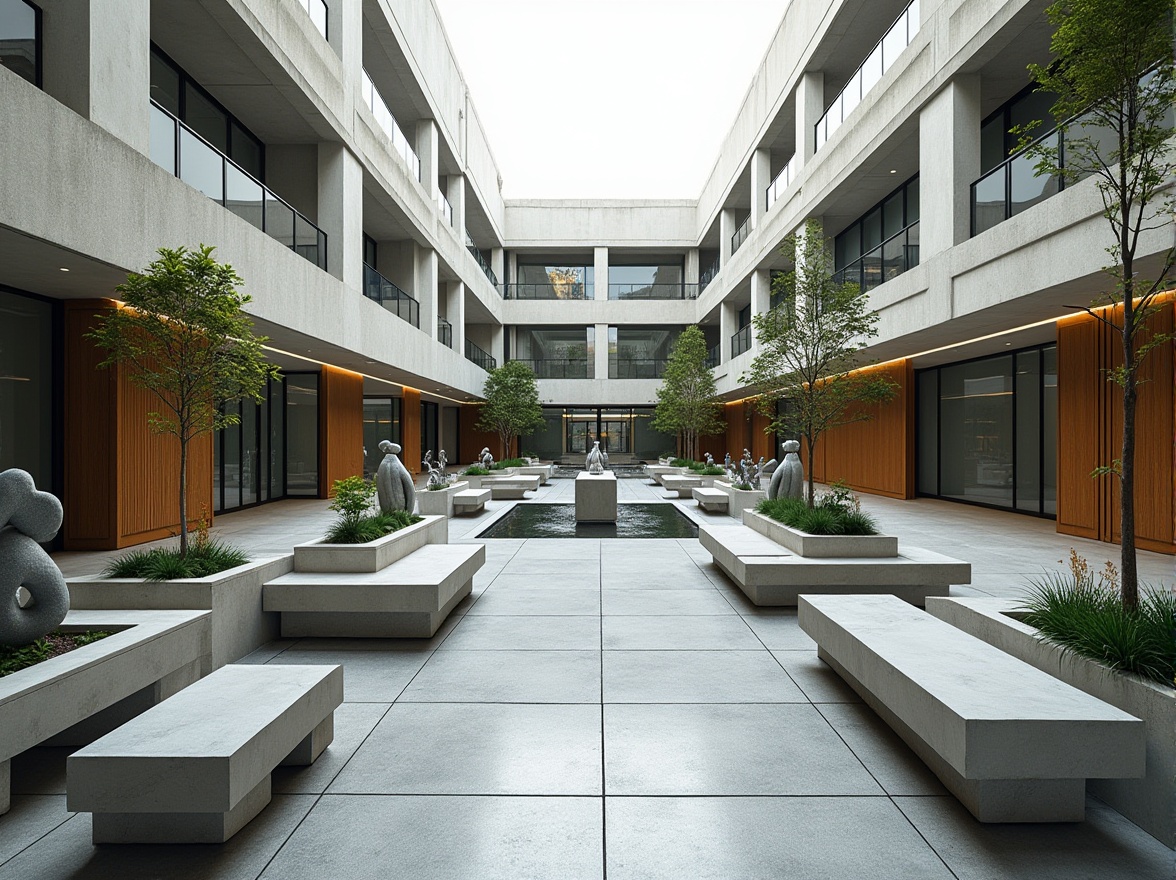 Prompt: Minimalist hospital courtyard, geometric planters, modern concrete benches, sleek metal railings, functional sculptures, sparse greenery, industrial-style lighting, brutalist architecture, rectangular shapes, clean lines, monochromatic color scheme, functional water features, healing gardens, therapeutic outdoor spaces, accessible walkways, adaptive reuse of industrial materials, reclaimed wood accents, natural stone flooring, abundant natural light, shallow depth of field, 1/1 composition, panoramic view, realistic textures, ambient occlusion.