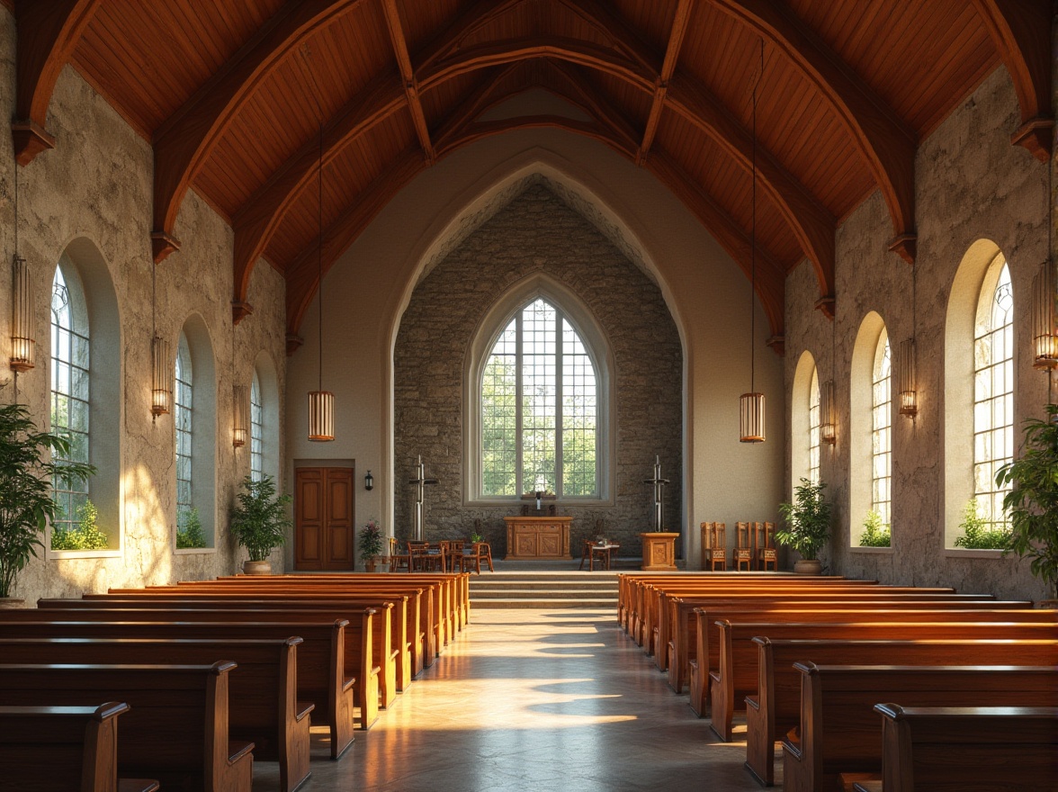 Prompt: Elegant church architecture, rustic stone fa\u00e7ade, wooden beams, stained glass windows, natural light pouring in, earthy tones, recycled metal roofing, low-carbon concrete foundation, FSC-certified timber, energy-efficient HVAC systems, rainwater harvesting, green roofs, solar panels, wind turbines, eco-friendly pews, organic textiles, serene ambiance, soft warm lighting, shallow depth of field, 3/4 composition, realistic textures, ambient occlusion.