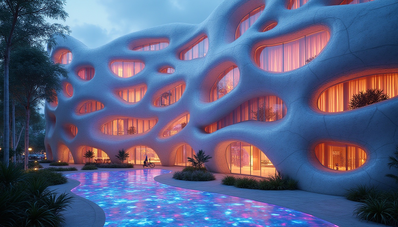 Prompt: Bioluminescent facade, organic curves, iridescent colors, translucent panels, undulating shapes, parametric architecture, futuristic metabolism style, glowing accents, neon lights, atmospheric misting systems, lush green walls, vertical gardens, natural ventilation, biomimetic materials, 3D-printed components, algorithmic patterns, soft focus photography, shallow depth of field, 1/2 composition, realistic rendering.