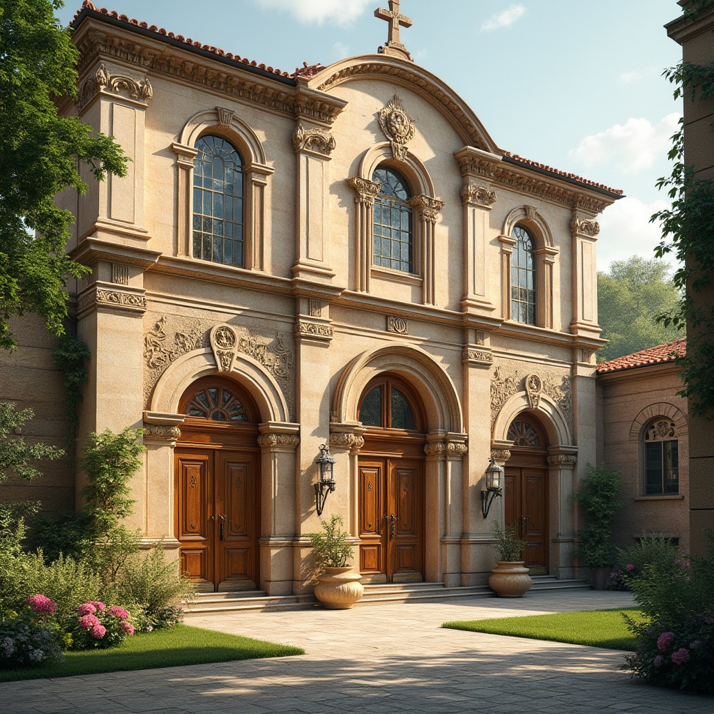 Prompt: Elegant monastery facade, ornate stone carvings, rustic wooden doors, stained glass windows, grandiose archways, intricate fresco patterns, warm beige stonework, classic Renaissance architecture, serene courtyard, lush greenery, vibrant flowers, soft natural lighting, shallow depth of field, 3/4 composition, panoramic view, realistic textures, ambient occlusion, subtle warm color palette, ornate golden accents, grand entrance gates, peaceful cloister atmosphere.