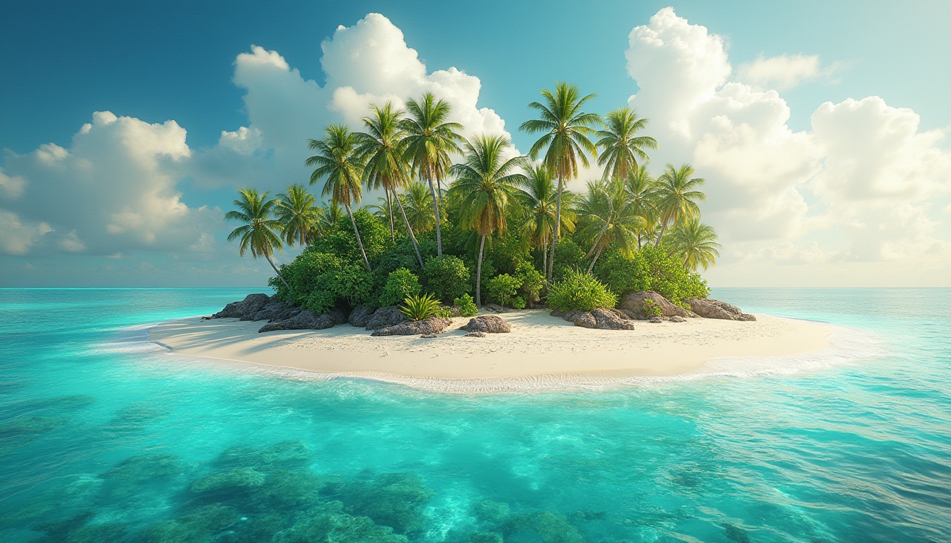 Prompt: Vibrant tropical island, crystal-clear turquoise waters, powdery white sandy beaches, lush green palm trees, exotic floral patterns, bright coral reefs, warm sunny day, soft golden lighting, 3/4 composition, shallow depth of field, realistic textures, ambient occlusion, pastel color scheme, creamy whites, rich turquoise, deep blues, bold yellows, vibrant pinks, intricate geometric motifs, organic shapes, natural materials, earthy tones.