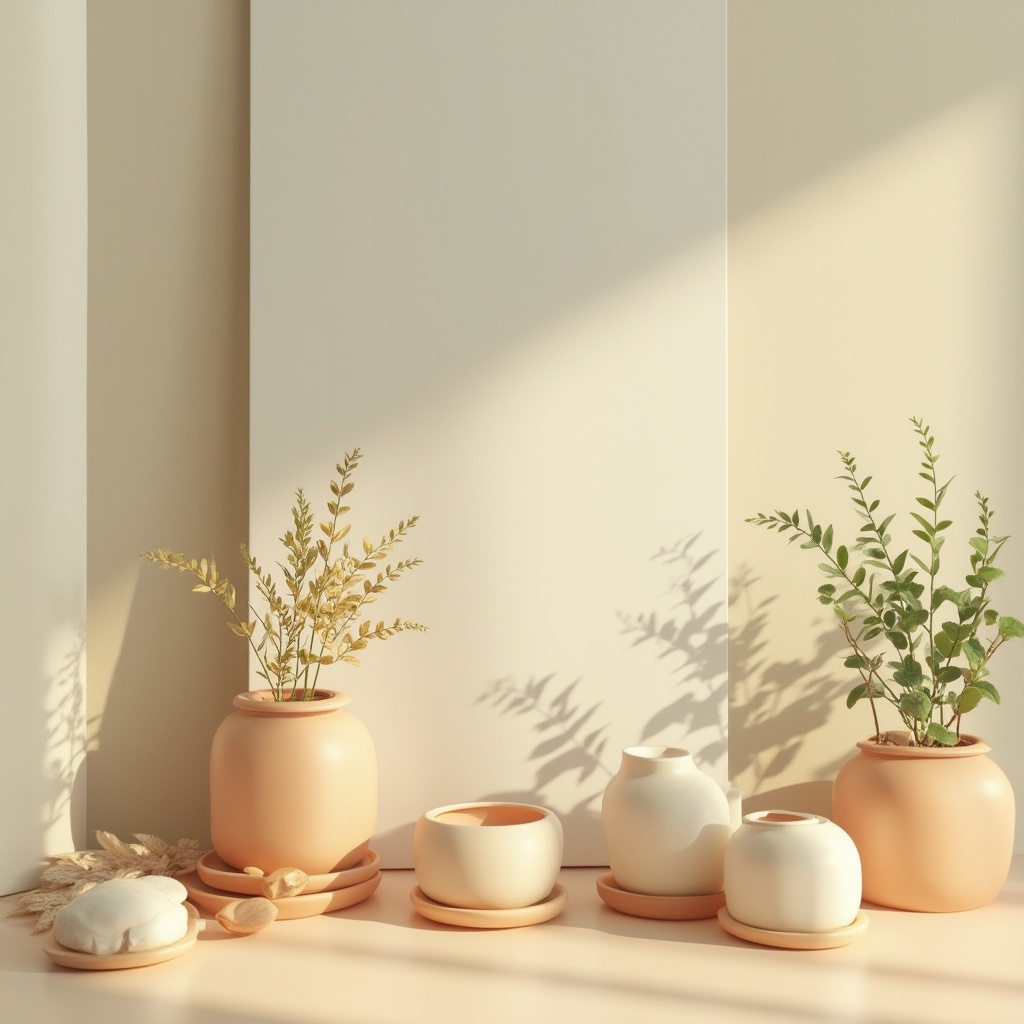 Prompt: Soft pastel hues, calming atmosphere, natural materials, warm beige tones, creamy whites, soothing blues, muted greens, earthy terracotta, gentle golden lighting, subtle texture overlays, organic shapes, elegant typography, minimalist composition, 2/3 aspect ratio, shallow depth of field, warm soft focus, realistic renderings.