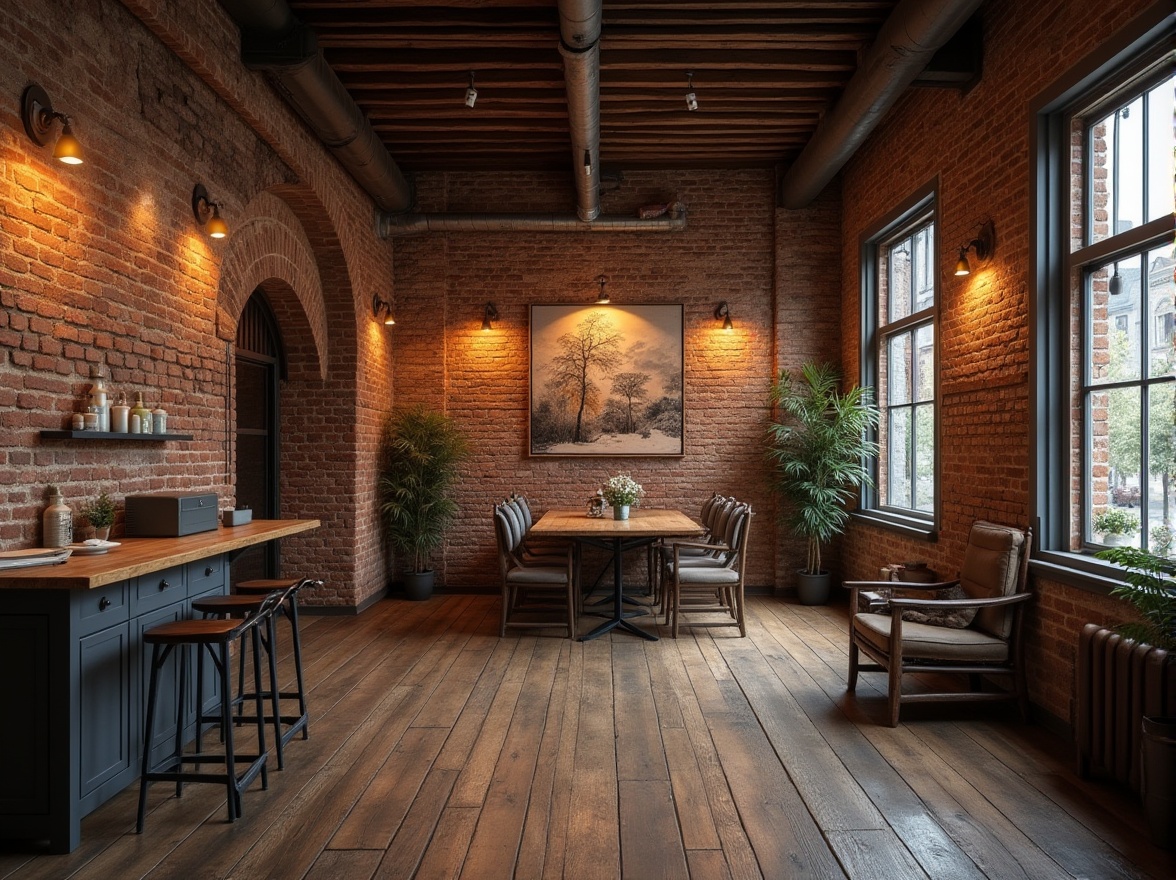 Prompt: Rustic brick walls, distressed wooden planks, vintage stone facades, earthy color palette, natural material textures, industrial-chic ambiance, exposed ductwork, metal accents, reclaimed wood beams, cozy atmospheric lighting, shallow depth of field, 1/1 composition, moody shadows, realistic wear and tear.