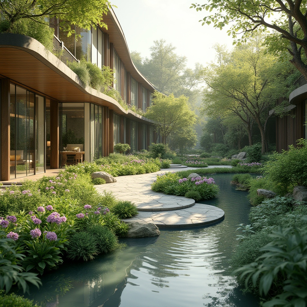 Prompt: Harmonious landscape integration, lush greenery, serene water features, natural stone walkways, curved lines, modern architecture, large windows, glass doors, blooming flowers, sunny day, soft warm lighting, shallow depth of field, 3/4 composition, panoramic view, realistic textures, ambient occlusion, seamless transitions, fluid curves, organic forms, eco-friendly materials, sustainable design solutions.