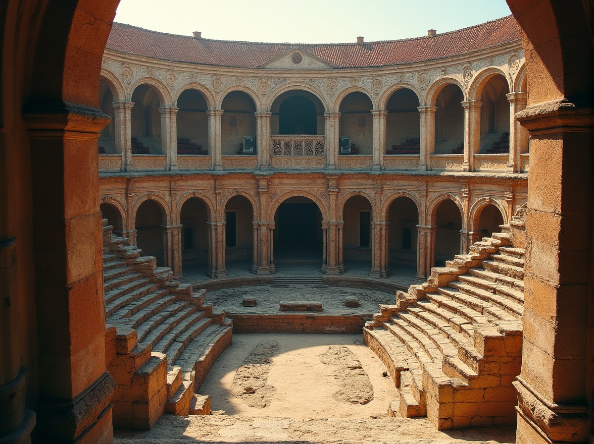 Prompt: Ancient Roman amphitheater, ornate stone carvings, grandiose archways, red terracotta roofing, weathered limestone walls, tiered seating, central performance stage, acoustically designed ceilings, resonant sound reflections, warm afternoon sunlight, soft shadows, subtle gradient lighting, 1/2 composition, dramatic low-angle shots, highly detailed textures, ambient atmospheric effects.