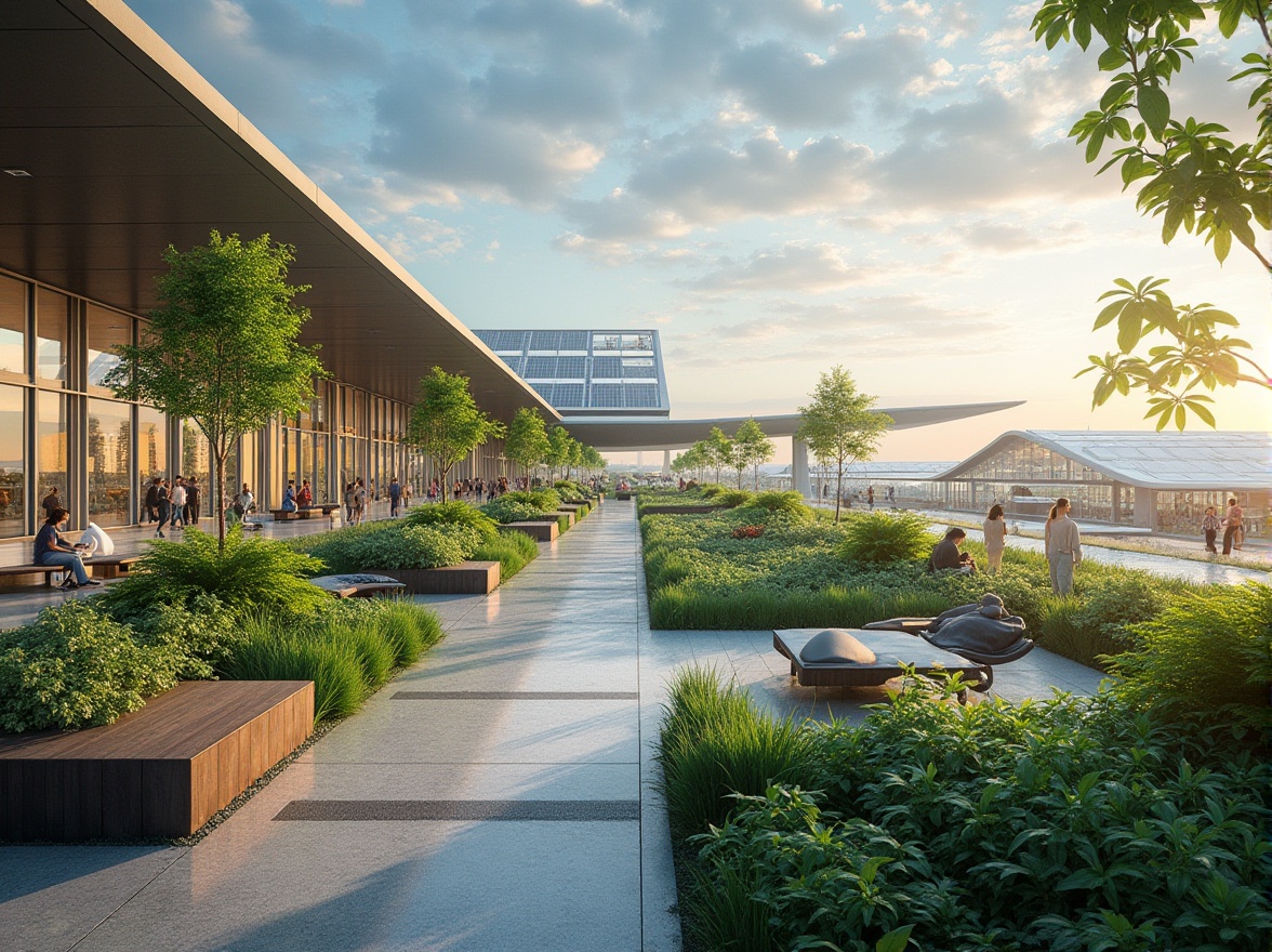 Prompt: Eco-friendly airport terminal, large solar panels, green roofs, rainwater harvesting systems, natural ventilation, abundant daylight, modern minimalist architecture, sleek metal frames, floor-to-ceiling windows, recycled materials, low-carbon emissions, energy-efficient systems, spacious open areas, comfortable seating zones, vibrant green walls, living roofs, urban farming integration, warm ambient lighting, shallow depth of field, 1/2 composition, panoramic view, realistic textures, ambient occlusion.